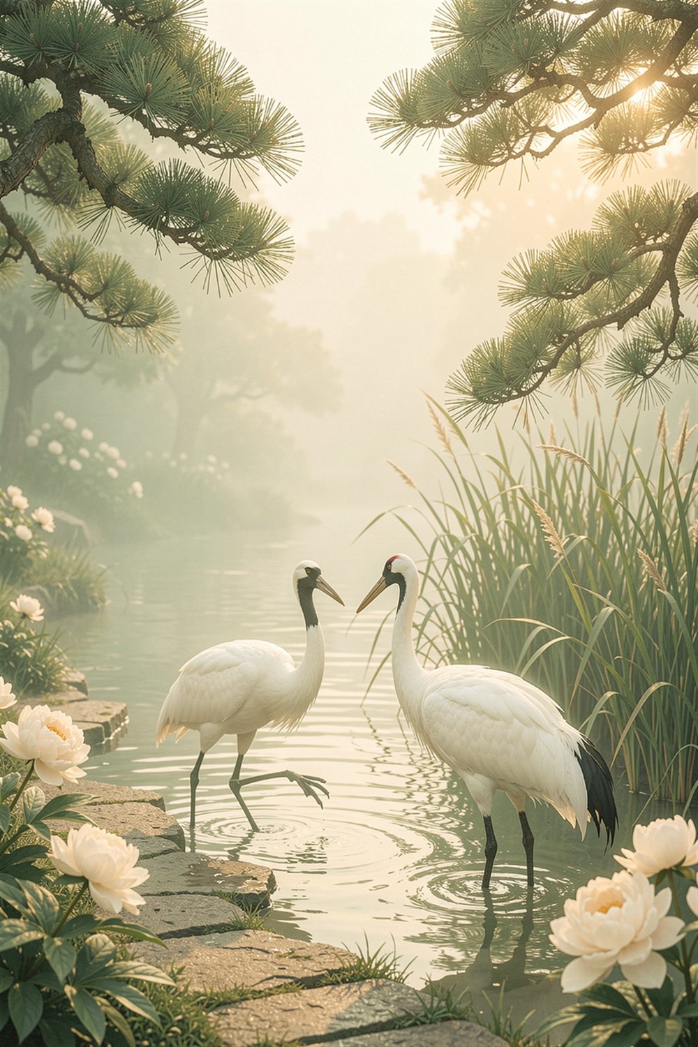 Natural crane morning garden poster for a longevity and home atmosphere gift